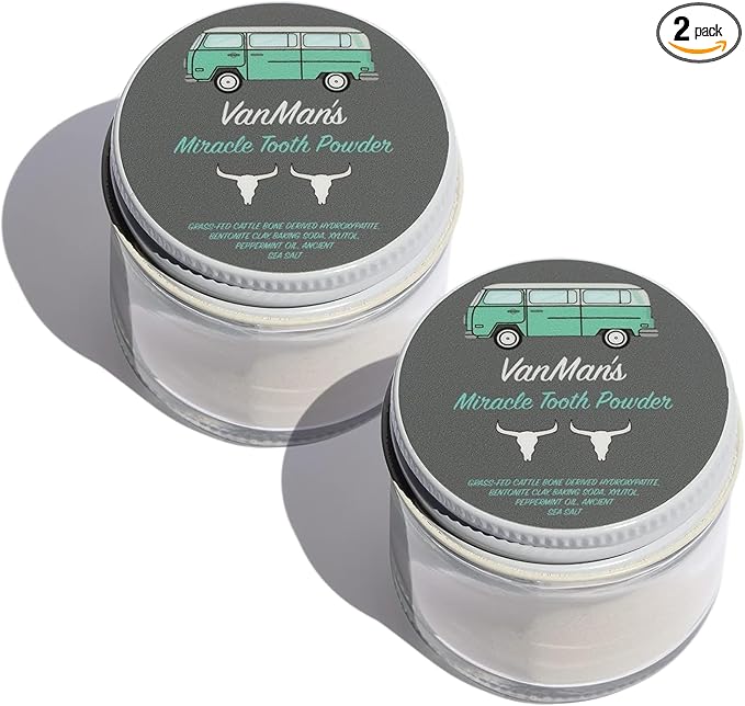 Vanman’s - Mint and Bone Tooth Powder Toothpaste (2 Pack) - Remineralizing Tooth Powder with Cattle Bone Derived Hydroxyapatite, Bentonite Clay, Peppermint Oil and Baking Soda - 2.2 oz
