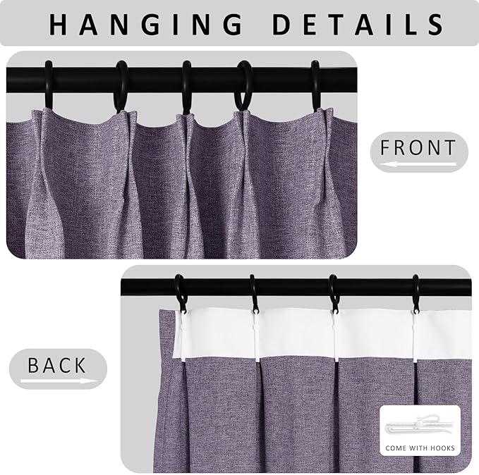 Macochico Pinch Pleated Blackout Curtains 102 Inches Long 100% Light Blocking Violet Linen Drapes for Bedroom Living Room Farmhouse Shabby Chic Burlap Curtains with Tieback 72”Wx102”L 1 Panel
