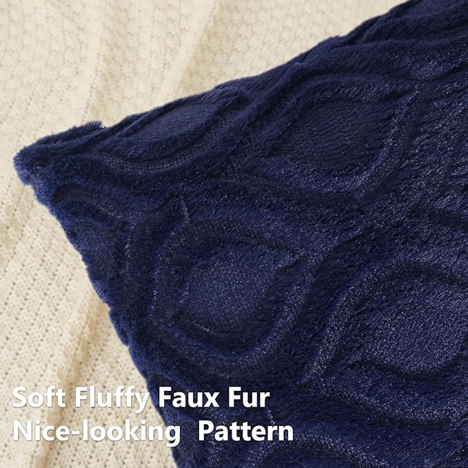 decorUhome Fall Throw Pillow Covers 22x22 Inch Set of 2, Soft Plush Decorative Faux Fur Navy Blue Solid Couch Pillow Covers, Accent Farmhouse Neutral Square Euro Pillow Cases for Sofa Bed Living Room