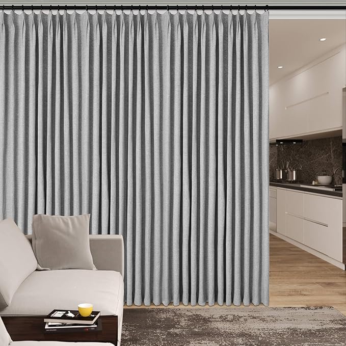 Extra Wide 100% Blackout Linen Textured Curtains - Room Dividers, W200 x L96 (1 Panel), Pinch Pleat Drapes for Living Room, Full Light Block Out Drapery for Sliding Door, Light Grey