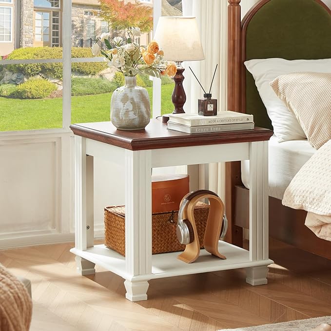 Farmhouse End Table with 2-Tier Storage Shelf, 22.8 inch Side Table for Living Room,Modern Nightstand,Small Bedside Table for Bedroom,White