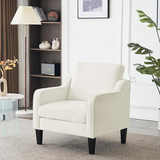 VINGLI Mid Century Modern Accent Chairs for Living Room, Cream White Comfy Reading Chair Soft Chenille Sofa Chairs Upholstered Side Armchair for Living Room, Bedroom, Apartment