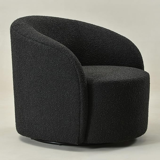 KINWELL 34" Boucle Swivel Barrel Chair with 18" Round Ottoman Set, Fully Assembled Set of Sherpa Accent Chair and Footrest, Modern Comfy Armchair and Footstool for Living Room and Bedroom, Black