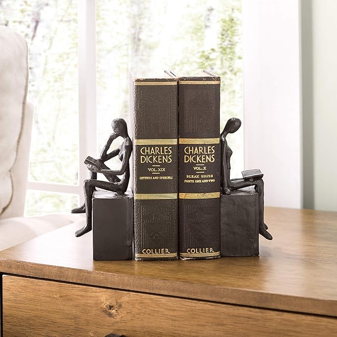Danya B. Metal Art Shelf Decor - Decorative Cast Iron Bookend Set - Man and Woman Reading on a Block
