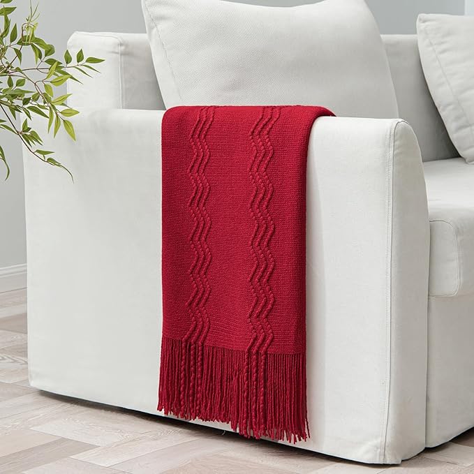 MIULEE Burgundy Red Knitted Throw Blanket for Couch Boho Textured Cozy Woven Blanket with Tassels for Sofa Chair Bed Living Room Acrylic Wave Pattern 50"x60"