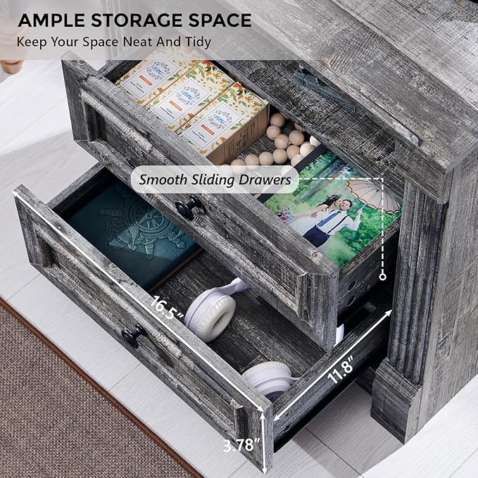 26" Tall Farmhouse Nightstand, 2 Drawers End Table w/Charging Station, 23.6" Wide Large Side Table w/Roman Column, Wood Rustic Sofa Table w/Open Shelf, Bedside Table for Bedroom, Light Gray