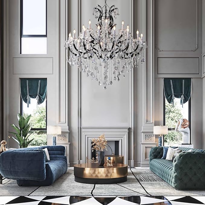 Large Black Crystal Chandelier Light Fixtures, 24 Lights Modern Crystal Chandeliers for Hotel, Lobby, Foyer, Entryway Hall, Staircase High Ceiling 50'' Chandelier 2 Layers