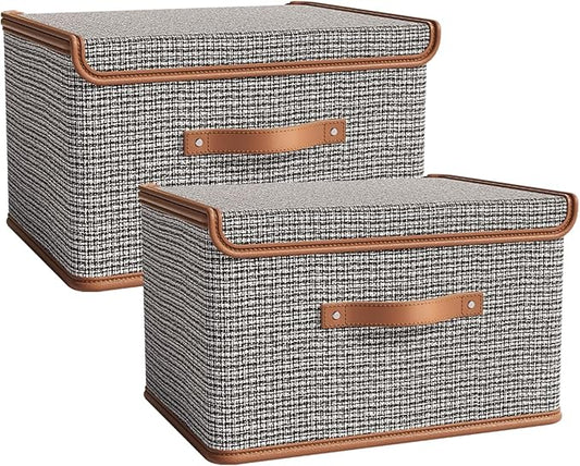 Tuza 2 Pack Storage Bins with Lids, Collapsible Closet Organizer Container, Fabric Organizer Box with Handles, Decorative Storage Boxes with Lids for Organizing Clothes, Sheet, Light Grey, Extra Large