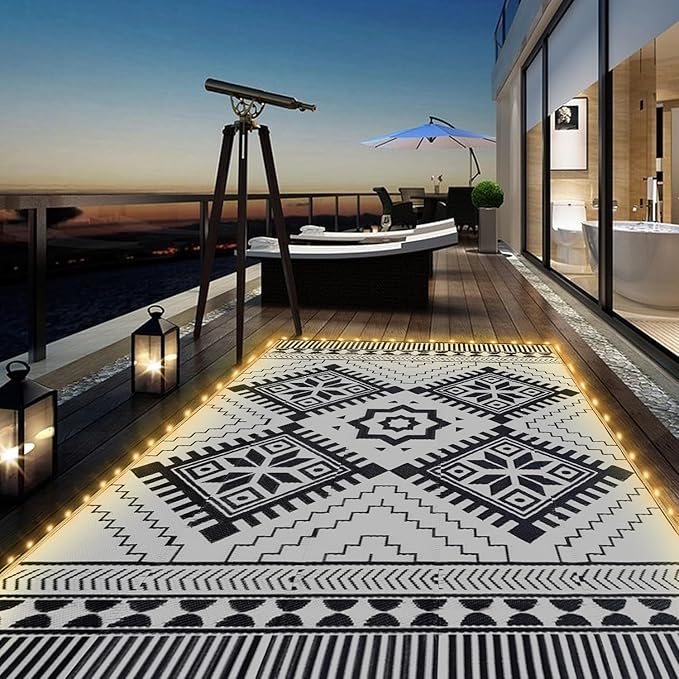6x9ft Waterproof Outdoor Rug with LED Lights, Boho Reversible Plastic Straw Mat for Patio RV Camping Picnic Balcony Beach Deck Indoor Outdoor Carpet, Black&White