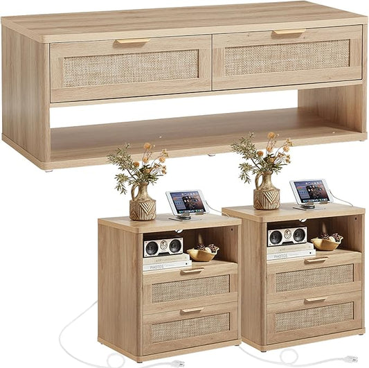 LEYAOYAO Boho Rattan Coffee Table and End Table Sets, 48" Wide Center Tables & 23" Night Stand with Charging Station Chest of Drawers, Natural Wood Coffee Table for Living Room 3 Piece Set