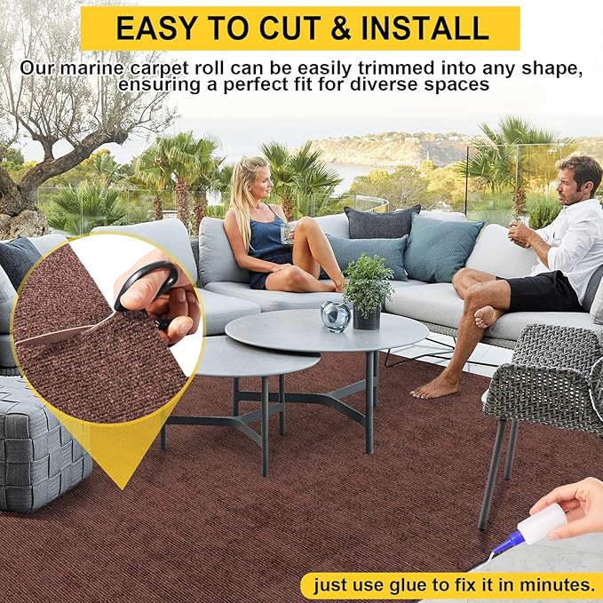Marine 6 FT x 18 FT Brown Indoor/Outdoor Rug 0.2" Thick - Boat Carpet with Water-Proof TPE Backing, Non-Slide for Home, Patio, Porch, Deck
