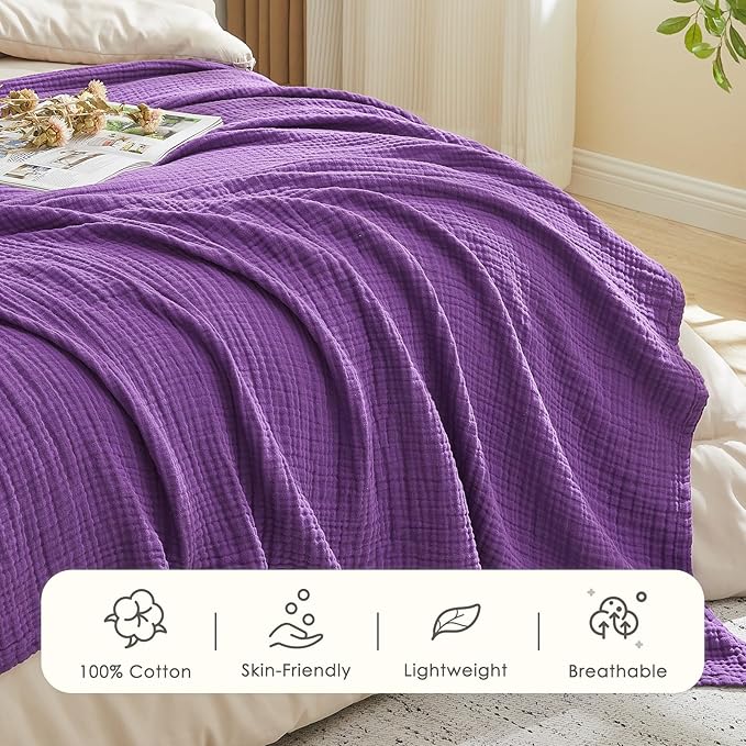 EMME Cotton Muslin Large Throw Blanket Couch Breathable Gauze Blanket Soft Lightweight Bed Blankets Adults (Purple, 50"x70")