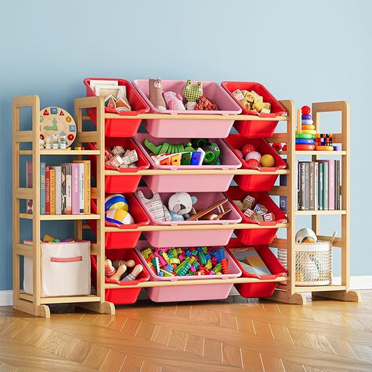 SpaceAid Toy Storage Organizer with 6 Shelves and 12 Bins, Toy Organizers Storage Bookshelf, Kids Bin Shelf Toys Box Bookcase for Bedroom Playroom Organization Room Decor, Red and Pink