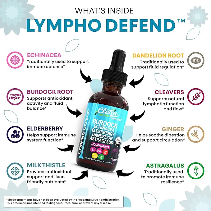 Organic Lymphatic Drainage Supplement | Lymphatic Support Drops | Burdock Root Echinacea Elderberry Dandelion Astragalus Milk Thistle Sea Moss Red Clover Cleanse Marigold Drop by Clean Nutra