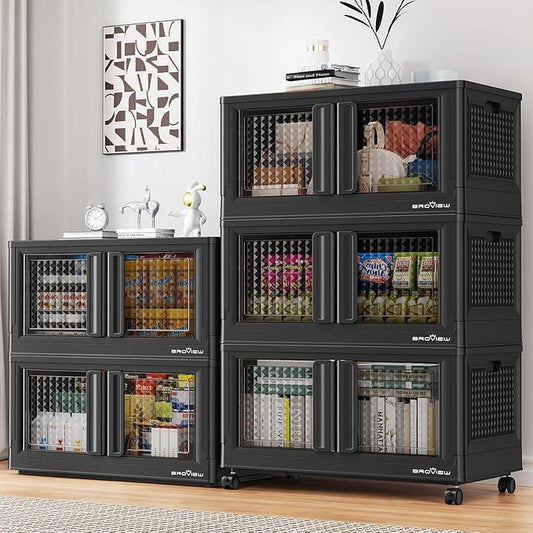 500Qt Stackable Storage Bins with Lids, 125Gal Closet Organizers and Storage Drawer, Plastic Collapsible Storage Bins with Doors, Heavy Duty Store Box Cabinet for Home Kitchen, 5Pack Black