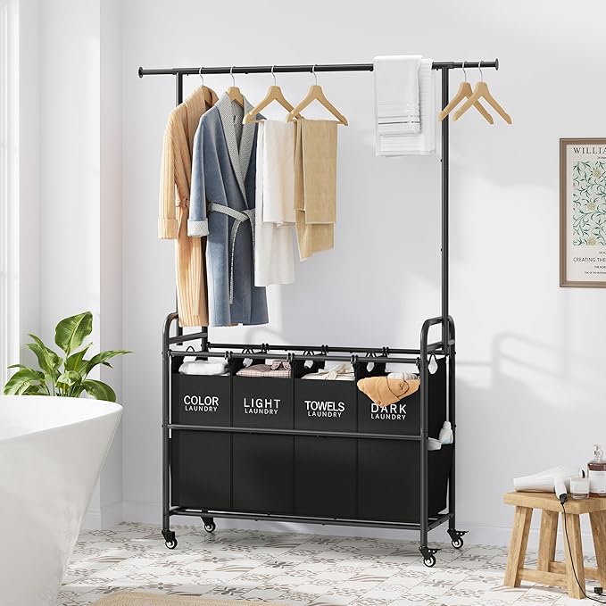 Tajsoon Laundry Sorter Cart with Hanging Clothes Rack, 4 Butler Sorter Basket Organizer, Laundry Hamper Cart with Heavy Duty Rolling Lockable Wheels, Black