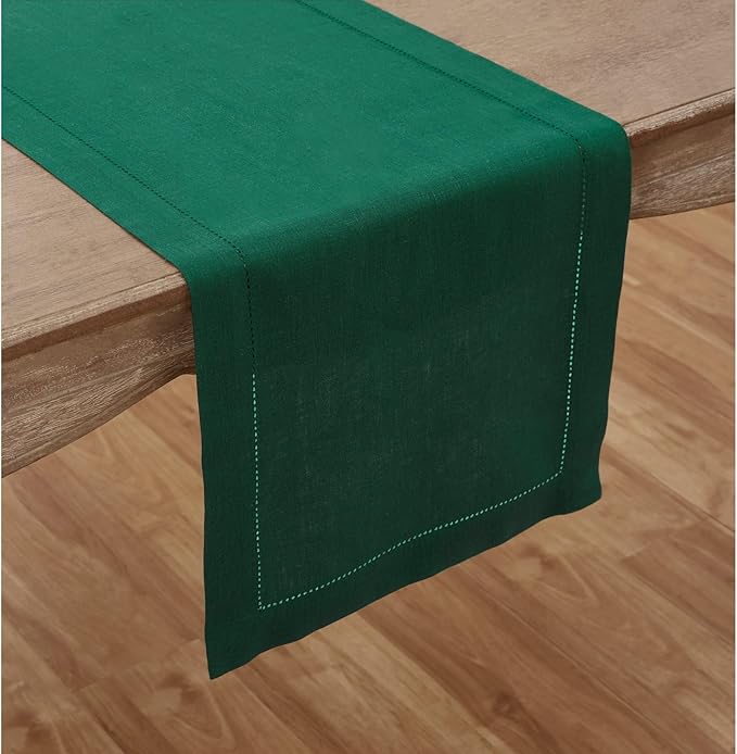 Solino Home Linen Table Runner 108 Inches Long - 100% Pure Linen Rainforest Green Table Runner 14 x 108 Inch for Fall, Autumn, Thanksgiving - Classic Hemstitch