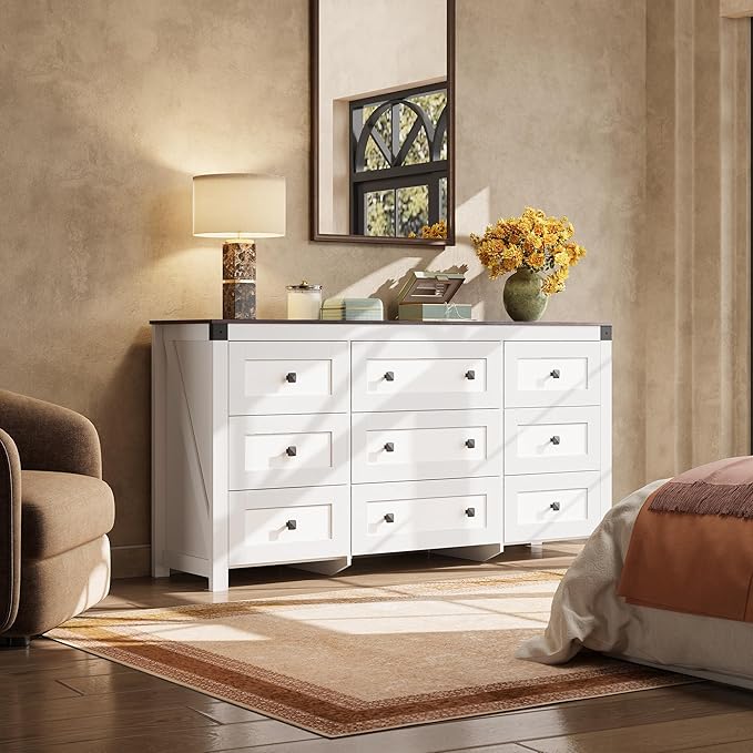 WLIVE Farmhouse Dresser for Bedroom, 63" Wide 9 Drawer Dresser Storage Organizer, Wood Chest of Drawers for Bedroom, TV Stand for 70 inch TV, for Living Room, Hallway, Ball Bearing Slide (White)
