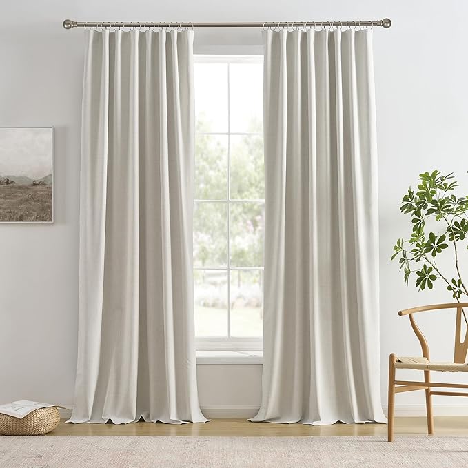RAIN CITY Natural Birch Linen Blend Blackout Curtains 108 Inch Long 2 Panels Set, Back Tab Track Curtain for Living Room Floor to Ceiling Length 9 FT Extra Long Light Blocking Pleated Window Drapes