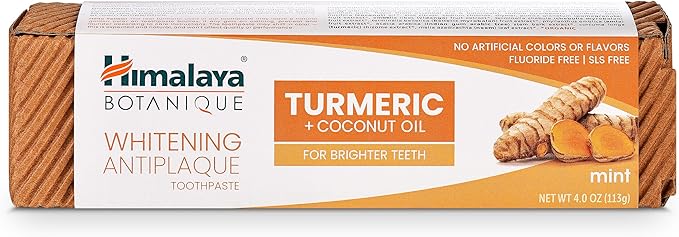 Himalaya Botanique Turmeric & Coconut Oil Whitening Antiplaque Herbal Toothpaste, Whitens Teeth, Fluoride Free, No Artificial Flavors, SLS Free, Vegan, Cruelty Free, Foaming, Mint Flavor, 4 Oz, 1 Pack
