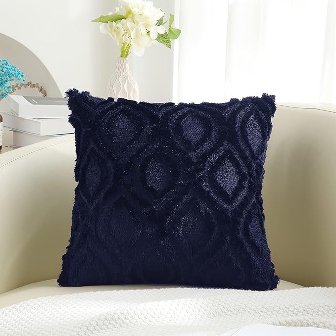 decorUhome Fall Throw Pillow Covers 26x26 Inch Set of 2, Soft Plush Decorative Faux Fur Navy Blue Solid Couch Pillow Covers, Accent Farmhouse Neutral Square Euro Pillow Cases for Sofa Bed Living Room