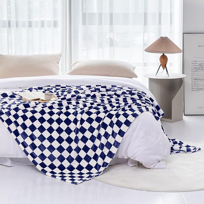 LOMAO Throw Blankets Flannel Blanket with Checkerboard Grid Pattern Soft Throw Blanket for Couch, Bed, Sofa Luxurious Warm and Cozy for All Seasons (Dark Blue, 50"x60")