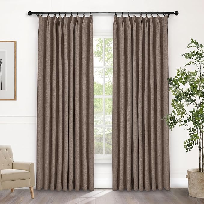 Macochico 100% Blackout Pinch Pleated Linen Curtains Thermal Window Treatments Sound Reducing Curtains for Bedroom Living Room Light Brown Farmhouse Burlap Drapes with Tieback 52”Wx63”L 1 Panel