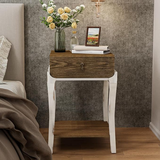 COSIEST Rustic Nightstand, 2-Tier Farmhouse Bedside Table, Wood Accent End Table with Storage Drawer and Open Display Shelf for Bedroom Nursery Living Room(Walnut)