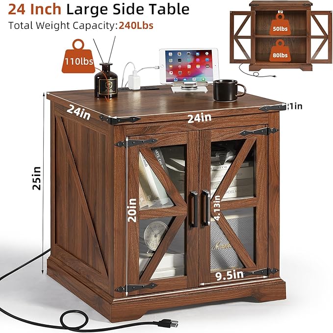24" End Table Set of 2 with Charging Station, Farmhouse Night Stand with Glass Barn Door, Nightstands with Adjustable Storage Shelf, Large Wood Square Bed Side Table for Living Room,Bedroom