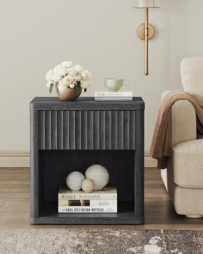 SICOTAS Night Stand Nightstand with Drawer Storage Fluted Bed Side Table End Table Large Modern Wide Bedside Mid Century Night Stands for Bedroom Living Room Sofa Couch Home Office, Dark Grey Alder