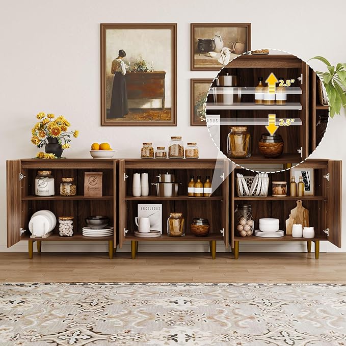 Set of 2 Fluted TV Stands with Storage, 65 Inch Accent Sideboard Large Console Table with Adjustable Shelves, Mid Century Modern TV Cabinets for Living Room, Dining Room, Walnut