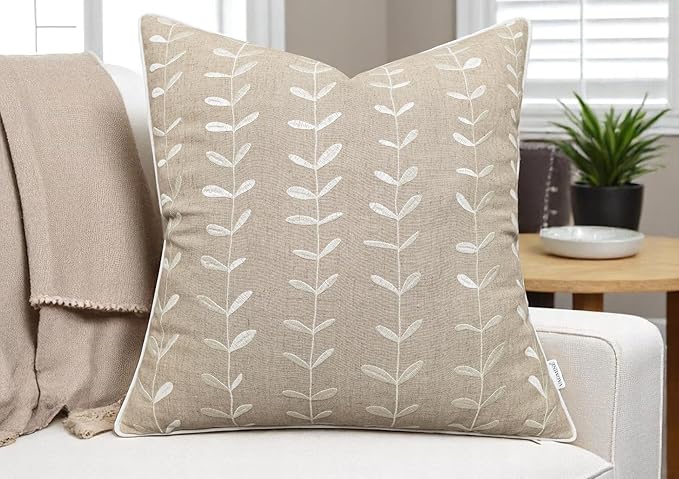 VAGMINE Embroidered Lollipop Cushion Cover - 20x20 Inches Square - 100% Linen Natural Throw Pillow Case - Textured Farmhouse Boho Décor - Elegant Rustic Accent for Sofa, Couch, Bedroom, Home Styling