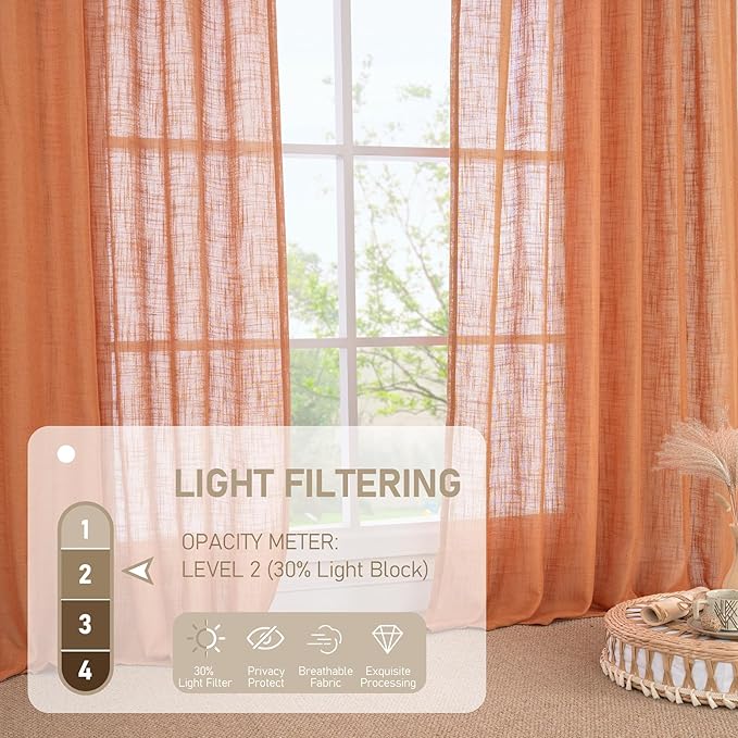LAMIT Burnt Orange Linen Curtains 45 inches Long for Kitchen, Linen Textured Light Filtering Semi Sheer Bronze Grommet Natural Boho Drapes for Living Room, 2 Panels Set, 34 x 45 Inch