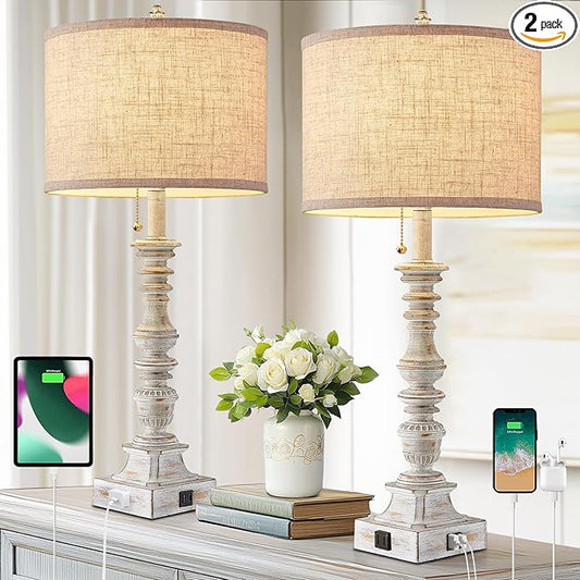 Set of 2 Farmhouse Table Lamps for Living Room, 29.5" Inch Tall Rustic Bedrooms Nightstand Table Lamp with USB-C & USB-A Charging + AC Outlet, Pull Chain Bedside Lamp for End Table, Antique White