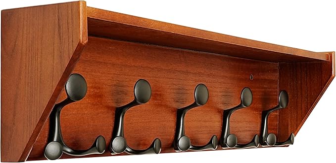 SKOLOO Wall Shelf with Hooks, 24-Inch Cherry Coat Rack Wall Mount with Shelf Organizer - Lightweight & Sturdy, 5 Tri Hooks - Perfect for Entryway, Hallway, Living Room, Bedroom, Mudroom
