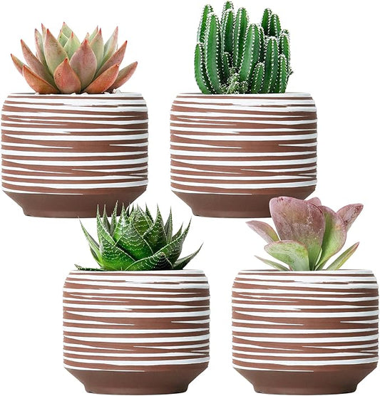 Mini Succulent Planter Set – 3.7 Inch Ceramic Pots with Drainage for Indoor Plants, Small Decorative Flower Pots for Cactus and House Plants, Set of 4