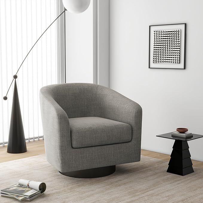 Swivel Barrel Accent Chair Set of 2, Modern Round Linen Arm Chair for Living Room, Bedroom, Comfy Club Reading Chairs for Adults, Linen Fabric-Khaki, 2 SEAT