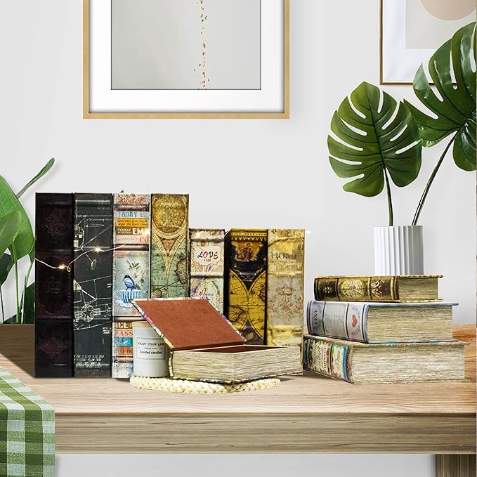 Decorative Book Box Set of 3,Vintage Style Book Shaped Storage Box,Leather Decorative Wooden Trinket Jewelry Books Boxes with Antique Embossed Pattern,Mother's Day/Graduation /Birthday Gift Idea
