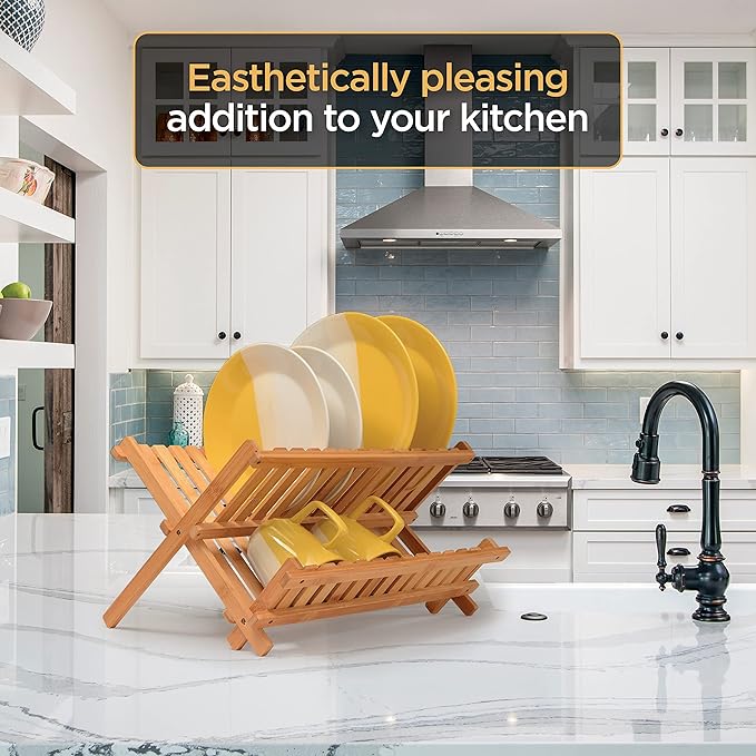 BAMBUSI Dish Drying Rack - Collapsible 2-Tier Bamboo Dish Rack for Kitchen Counter, Wooden Dish Drainer with Foldable Space-Saving Design - Drying Rack for Dishes, Plates, and Cups - Housewarming Gift