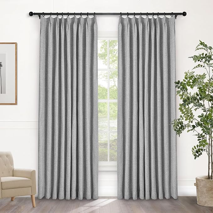 Macochico Light Grey 100% Blackout Linen Curtains 96 Inches Long Pinch Pleated Curtains for Bedroom Living Room Nursery Farmhouse Insulated Sound Reducing Drapery with Tieback 84”Wx96”L 1 Panel