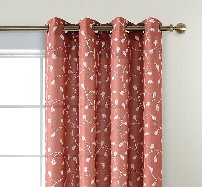 MIUCO Floral Embroidered Semi Sheer Curtains Faux Linen Grommet Window Curtains for Girls Room 52 x 63 Inch 2 Panels, Rust