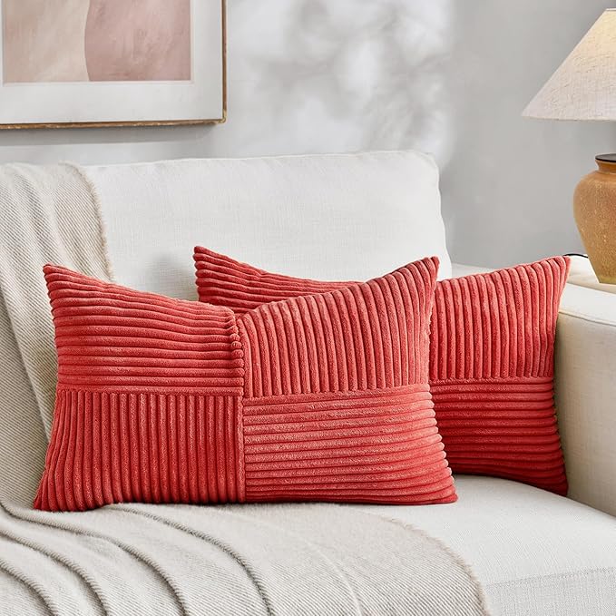 Fancy Homi 2 Packs Red Long Lumbar Decorative Throw Pillow Covers 12x24 Inch for Couch Bed Sofa, Holiday Christmas Home Decor Gift, Soft Striped Corduroy Rectangle Accent Cushion Case 30x60 cm