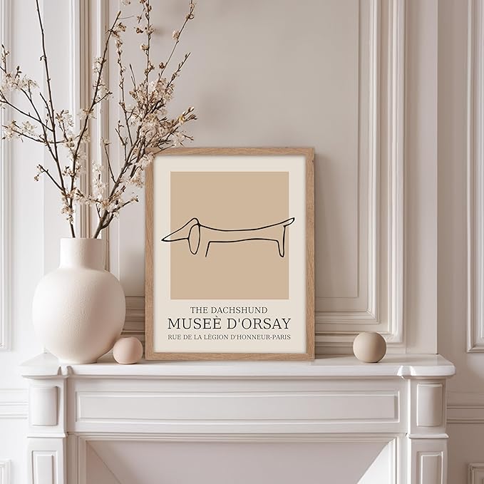 Poster Master Vintage Poster - Retro Minimalist Print - Gift for Artist, Housewarming - Dachshund Dog, Line Drawing, Abstract - Wall Decor for Living Room, Bedroom, 11x14 Beige Framed