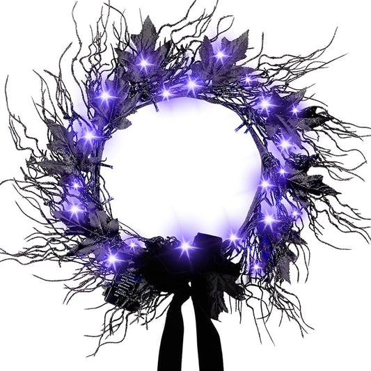 JORNOY 16inch LED Halloween Wreath with Battery Timer - Black Artificial Leaves&Silk Ribbon Decor Hanging for Front Door, Mantel, Porch, Wall, Party Decorations