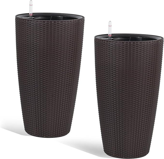 2Pack 22" High Modern Plant Pots Planter-Self-Watering Indoor/Outdoor Planting with Drain Holes, Water Level Monitor, Inner Bucket for Front Porch Patio, Brown Rattan Conical