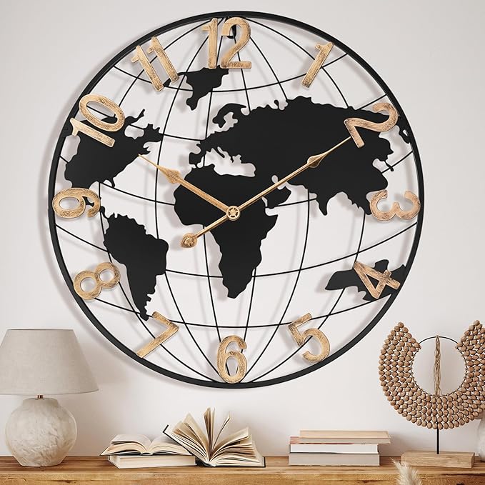 20 Inch Large Wall Clock for Living Room Decor,Big Modern Decorative Silent Metal World Map Wall Clock with Vintage Gold Arabic Numeral for Office,Living Room,Kitchen,Dining Room