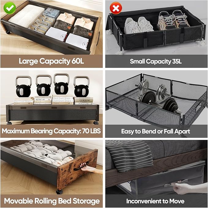 Wooden Under Bed Storage with Wheels, Rolling Under the Bed Storage Bins with Removable Lid, Metal Under Bed Drawers for Clothes and Shoes in Bedroom or Living Room(Walnut Brown-2pack)