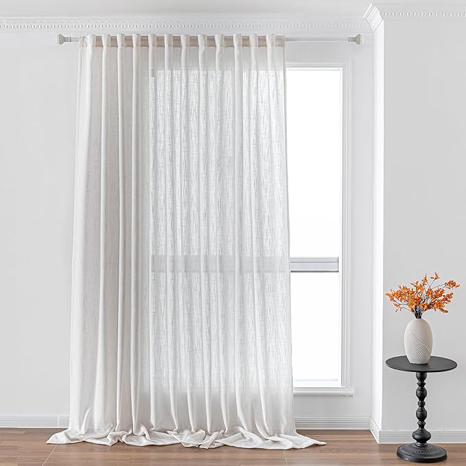 MYSKY HOME Natural Linen Living Room Curtains, Soft Cotton Blend Semi Sheers Light Filtering Back Tab Privacy Drapes for Patio Pergola Gazebo Nice Vertical Elegant Style, 100 x 95 Inches, 1 Panel
