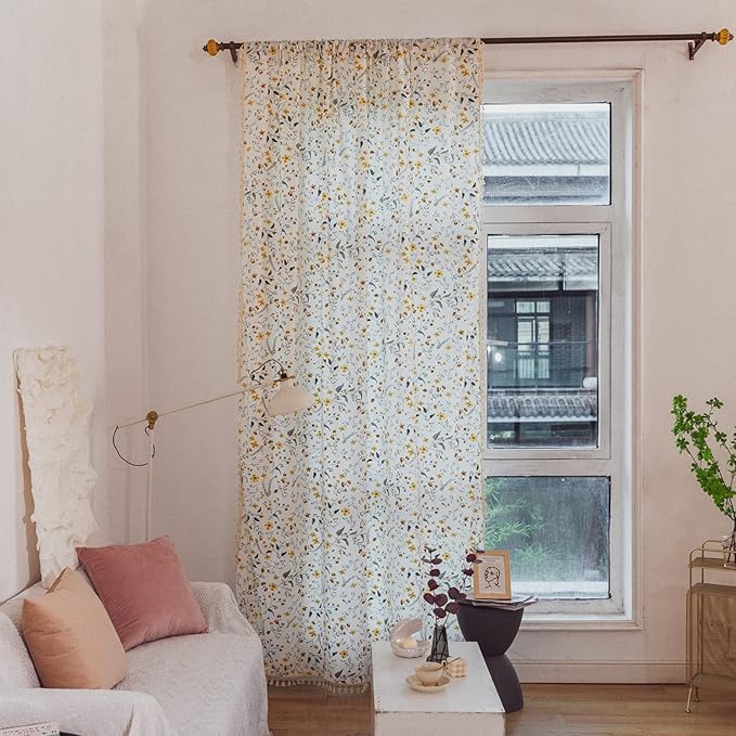 Sutuo Home Boho Curtain Semi-Blackout Yellow Florals Print Cotton Linen Fabric, Handmade Tassels Rod Pocket Bohemian Farmhouse Country Window Drapes for Living Bedroom, 59" W x 84" L, 1 Panel
