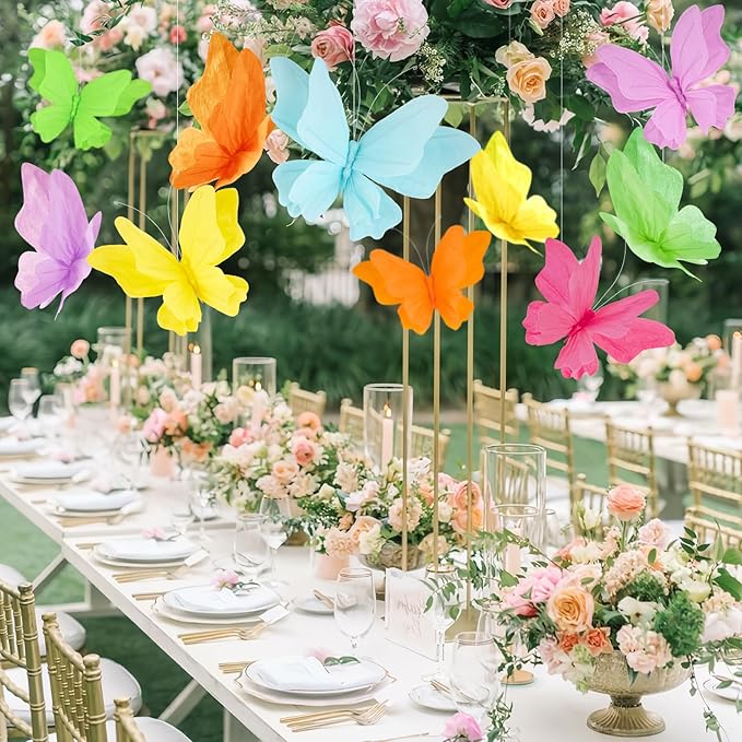 SUNBEAUTY 6Pcs Hanging Butterflies, Large Butterfly Decorations, 3D Paper Decoration, Pink Green Blue Orange for Baby Shower Decor Girls, Women, Paper Flowers for Wall